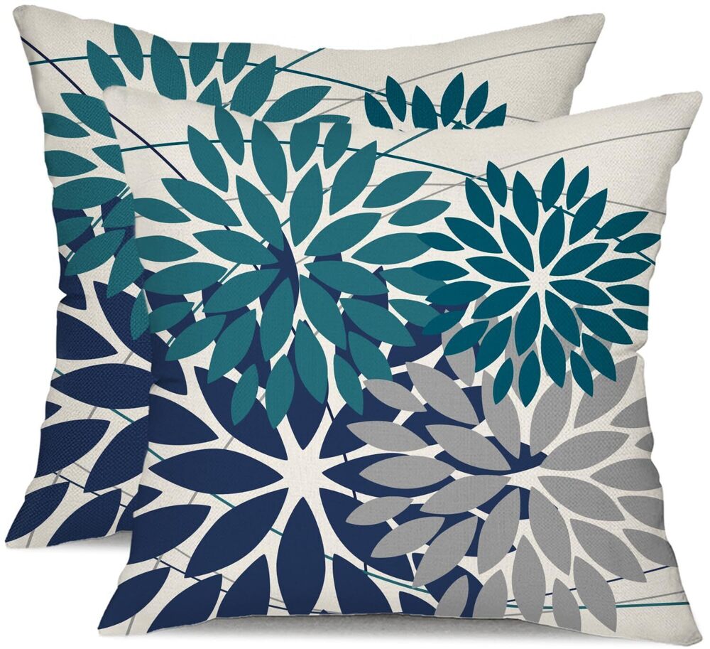 4740 Outdoor Pillow Covers - 18x18 Inch Set of 2 Dark Blue Grey Flower